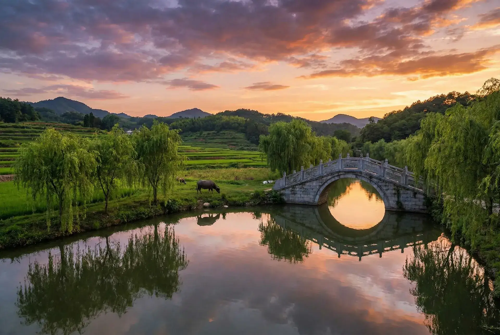 夕阳下的石拱桥与垂柳，水牛在河边吃草 - 联通苹果5 乡村美景